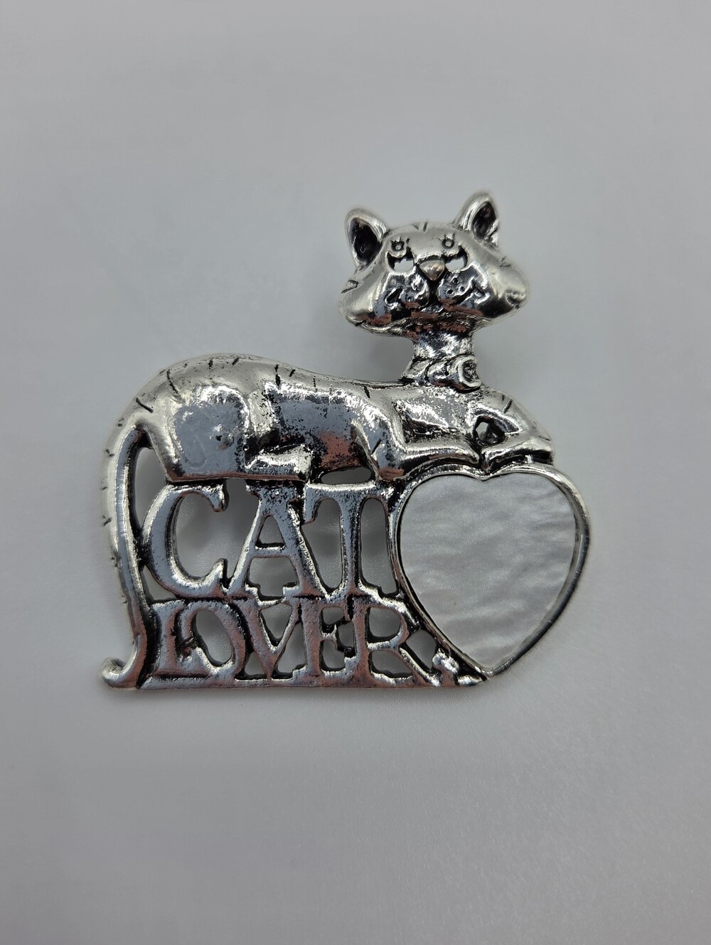 Silver Cat Lover Brooch Heart Faux Pearl Novelty Animal Pin New
